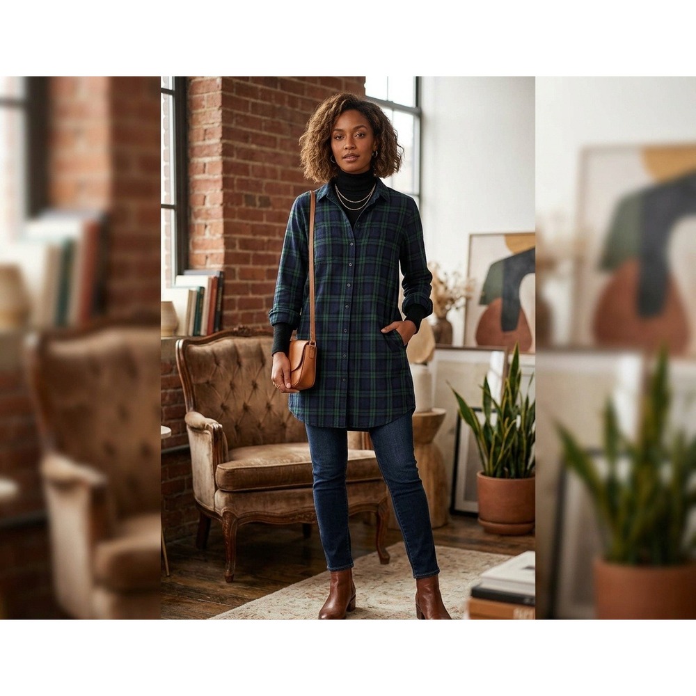 Old Navy Plaid Shirt Dress Womens L Navy Green Long Sleeve Button Front Mini